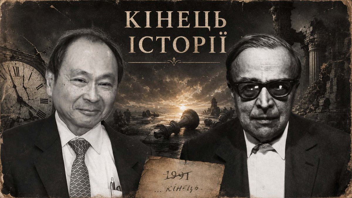 Колаж «Кінець історії»: портрети Френсіса Фукуями та Александра Кожева на тлі шахівниці з поваленими фігурами