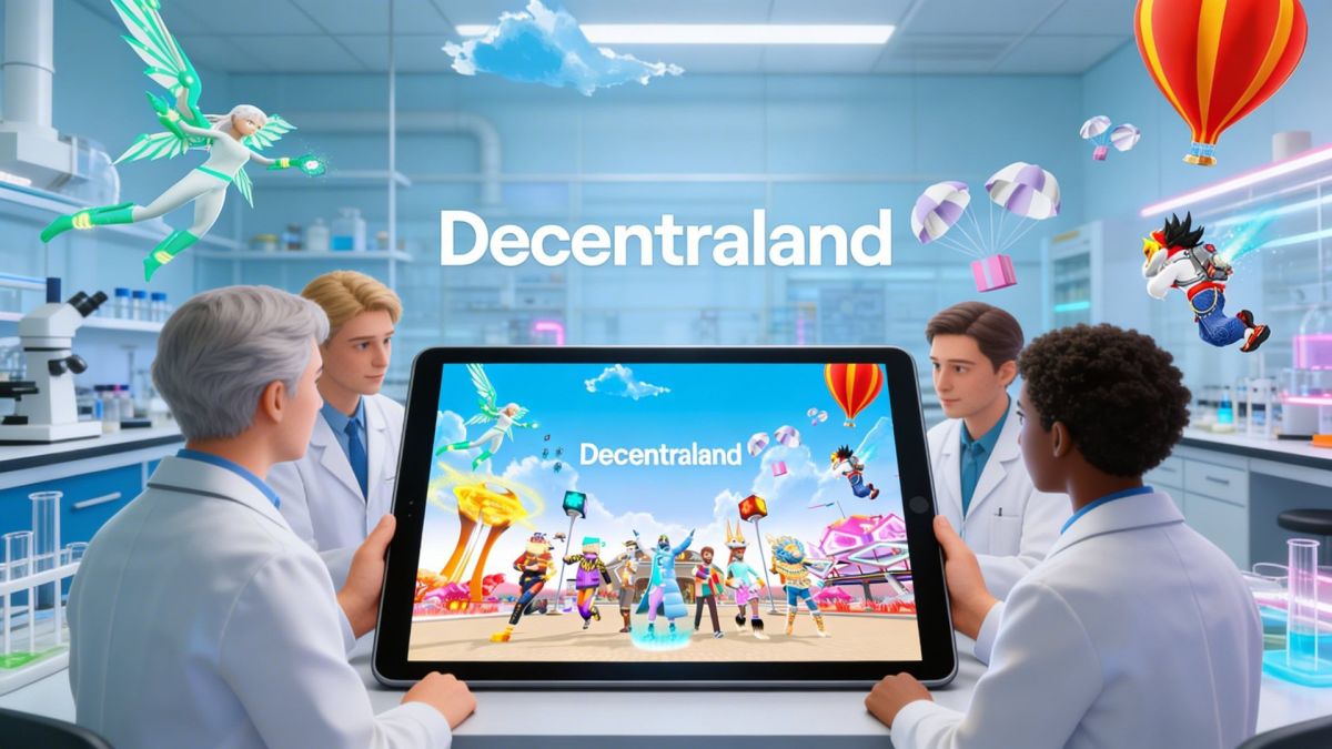 Дослідники в лабораторії переглядають метавсесвіт Decentraland на планшеті з аватарами та 3D-персонажами