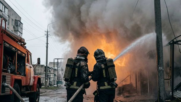 Двоє рятувальників у захисному спорядженні гасять пожежу зі ствола