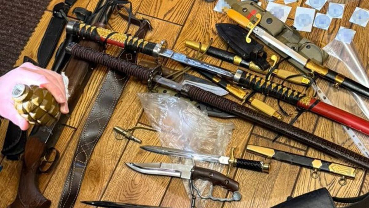 Вилучені під час обшуку мечі, ножі, граната та інші предмети поряд з підробленими посвідченнями СБУ