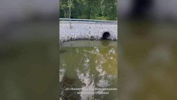 Труба каналізаційного стоку виходить у затоку Оболонь поблизу Вільнюського мосту, вода забруднена