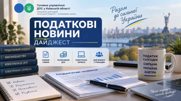Медикам в Києві планують доплачувати за виїзди під час атак (оновлено) Обкладинка дайджесту «Податкові новини» Головного управління ДПС у Київській області: документи на столі та панорама Києва з Дніпром