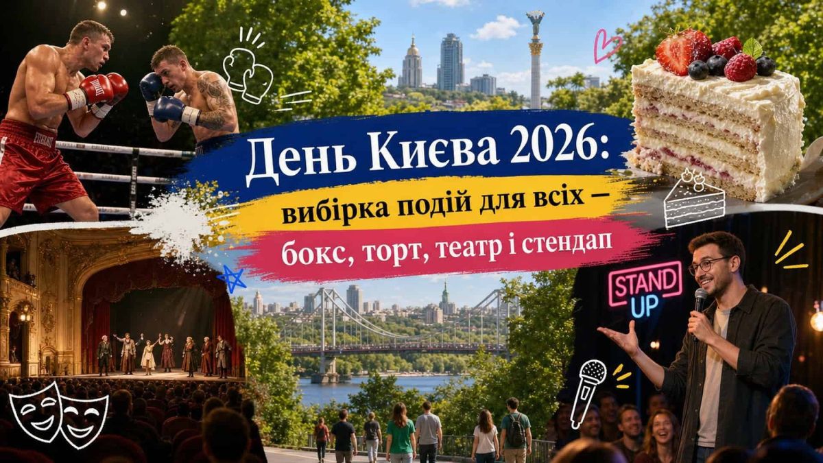 Колаж подій Дня Києва 2026: бокс, театр, київський торт, стендап і краєвид міста