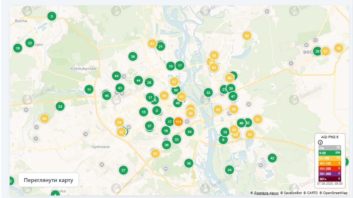 Якість повітря у Києві 7 вересня: рівень AQI 40, вплив на здоров’я мінімальний 550-450-київська-зона-якість-повітря-показники-повітряні-грози-міські-дані-індикатори-мапа.