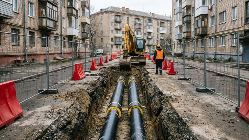 Головні новини Києва | Kyiv.News Дві великі труби теплотраси в розкопаній траншеї між житловими будинками