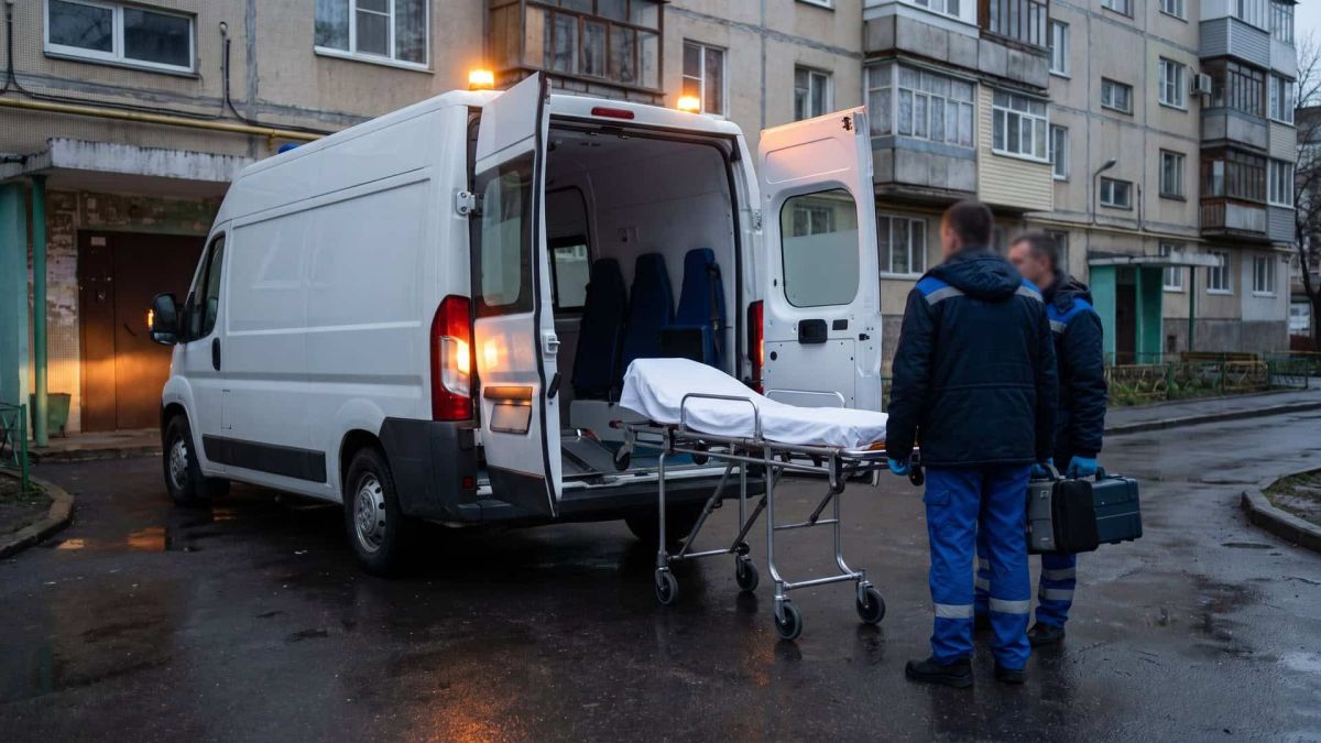 Автомобіль швидкої допомоги з відчиненими дверима та медики біля будинку