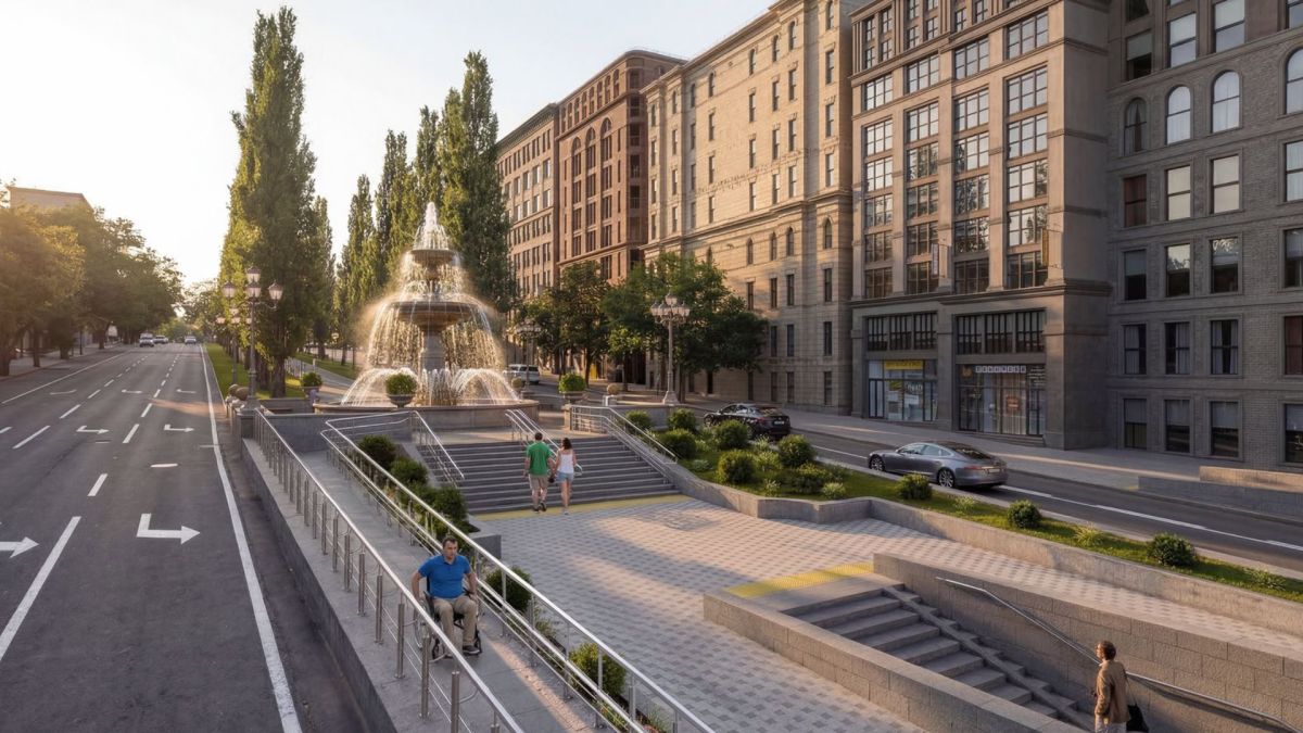 Візуалізація оновленого громадського простору на розі бульвару Шевченка і Хрещатика з фонтаном і безбар'єрним пандусом