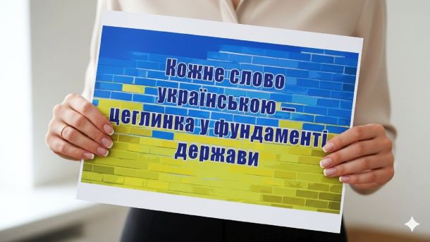 Плакат із написом: «Кожне слово українською – цеглинка у фундаменті держави»