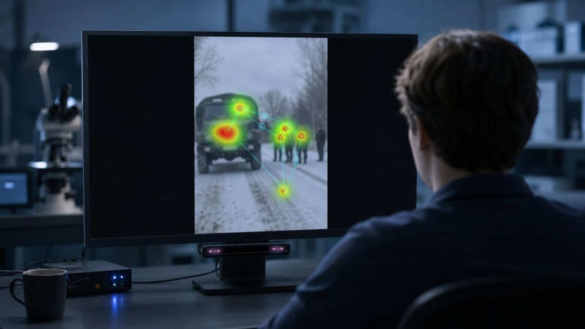 Студент дивиться на моніторі новинне відео з тепловою картою погляду від айтрекера
