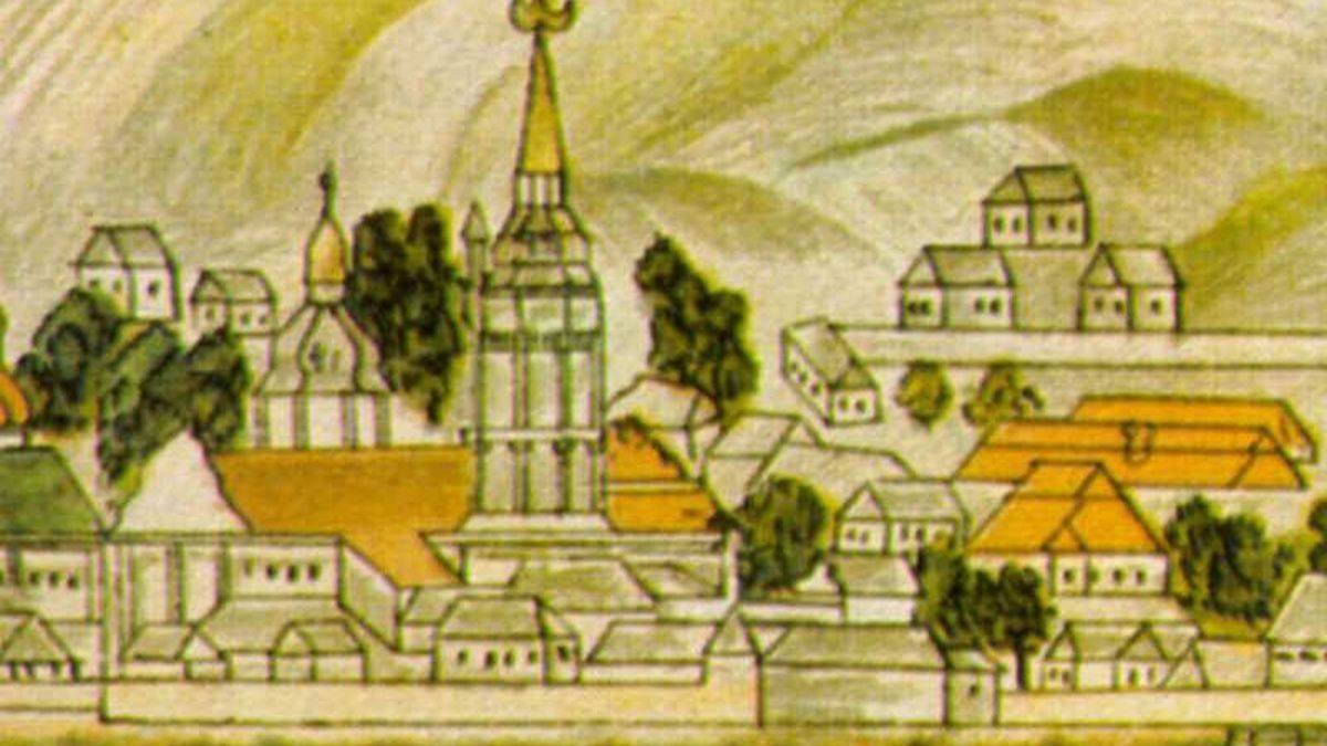 Стара гравюра із зображенням Київської ратуші на Подолі з 30-метровою вежею, XVIII ст.