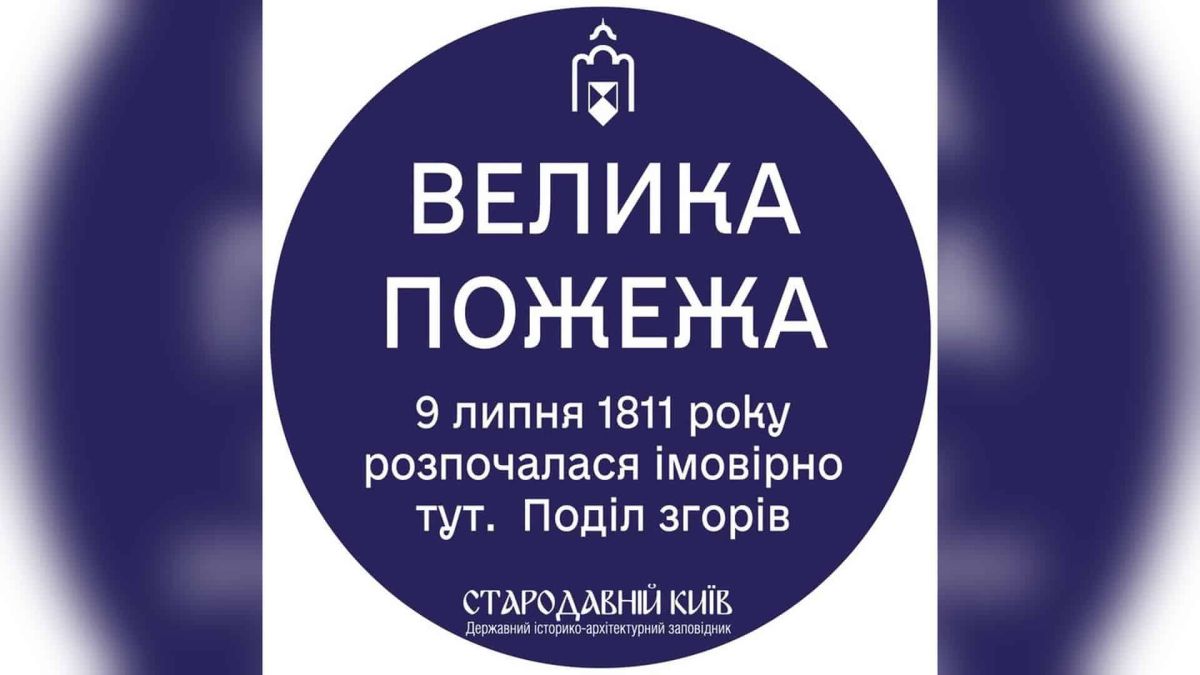ДІАЗ встановить таблички з QR-кодами у Подільському р-ні Макет таблички ДІАЗ «Стародавній Київ»: «Велика пожежа. 9 липня 1811 року розпочалася імовірно тут. Поділ згорів»