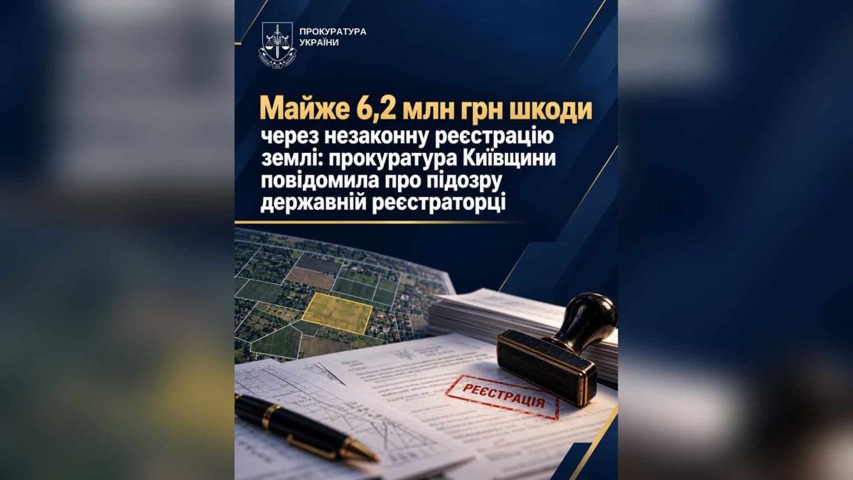 Графічна картка прокуратури із зображенням земельних ділянок, документів і печатки «Реєстрація» та написом про 6,2 млн грн шкоди