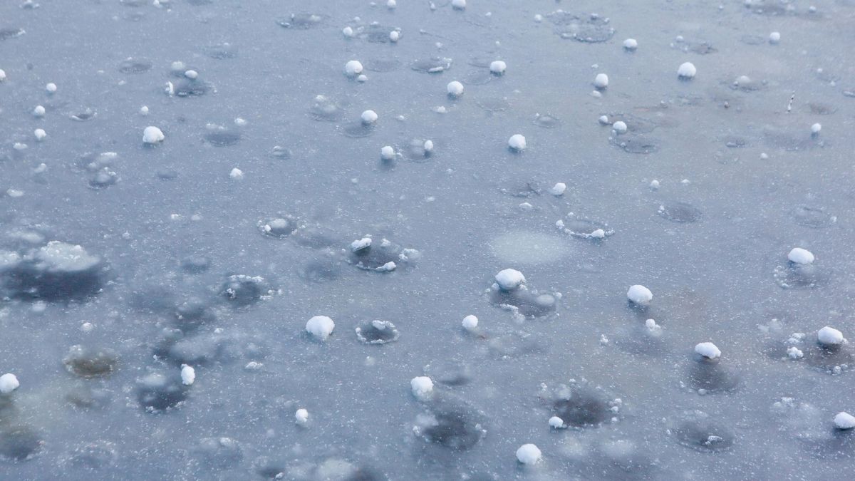 Замерзла поверхня води з кульками граду та крижаними бульбашками — ожеледиця на дорогах Київщини