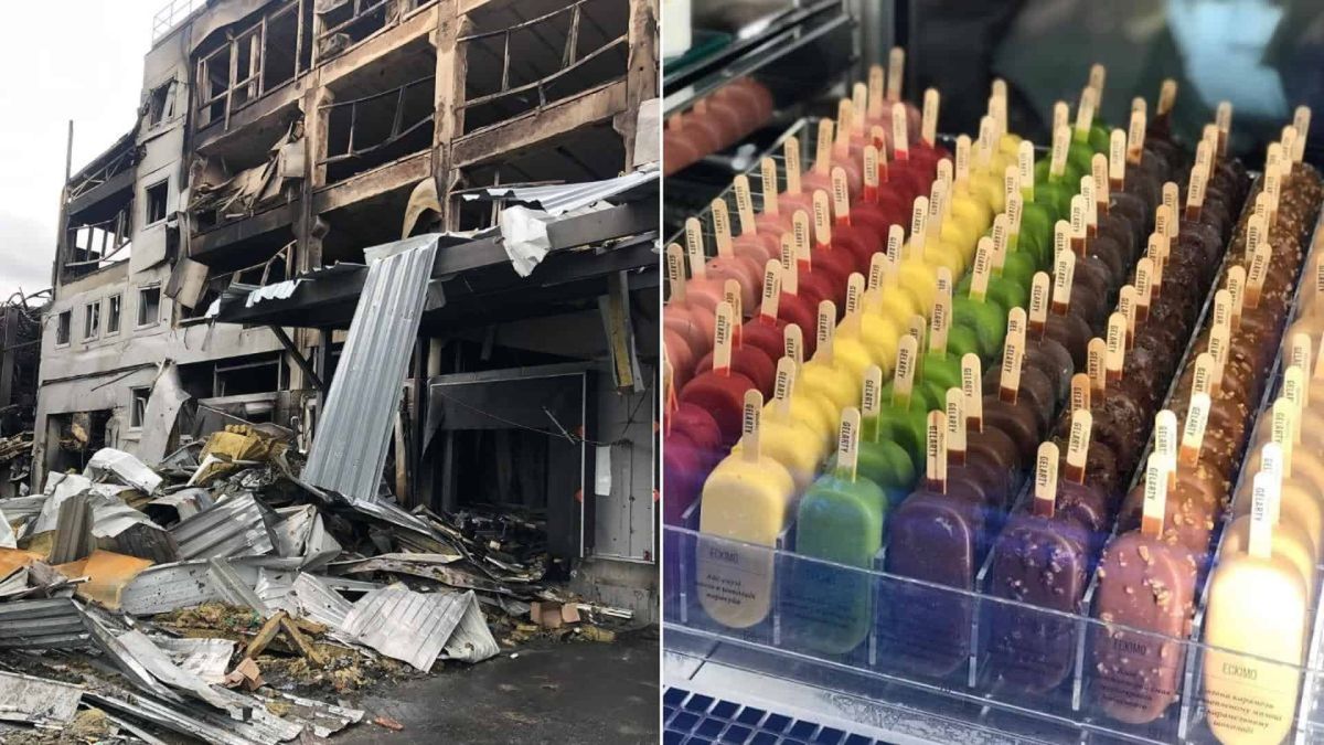 Зруйнована будівля після обстрілу, кольорове морозиво на паличках