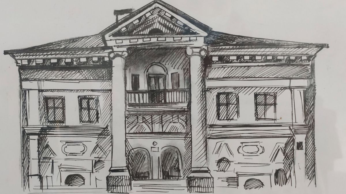 Графічний малюнок будівлі Музею Гетьманства на Подолі, відомої як будинок Мазепи, виконаний чорним тушшю