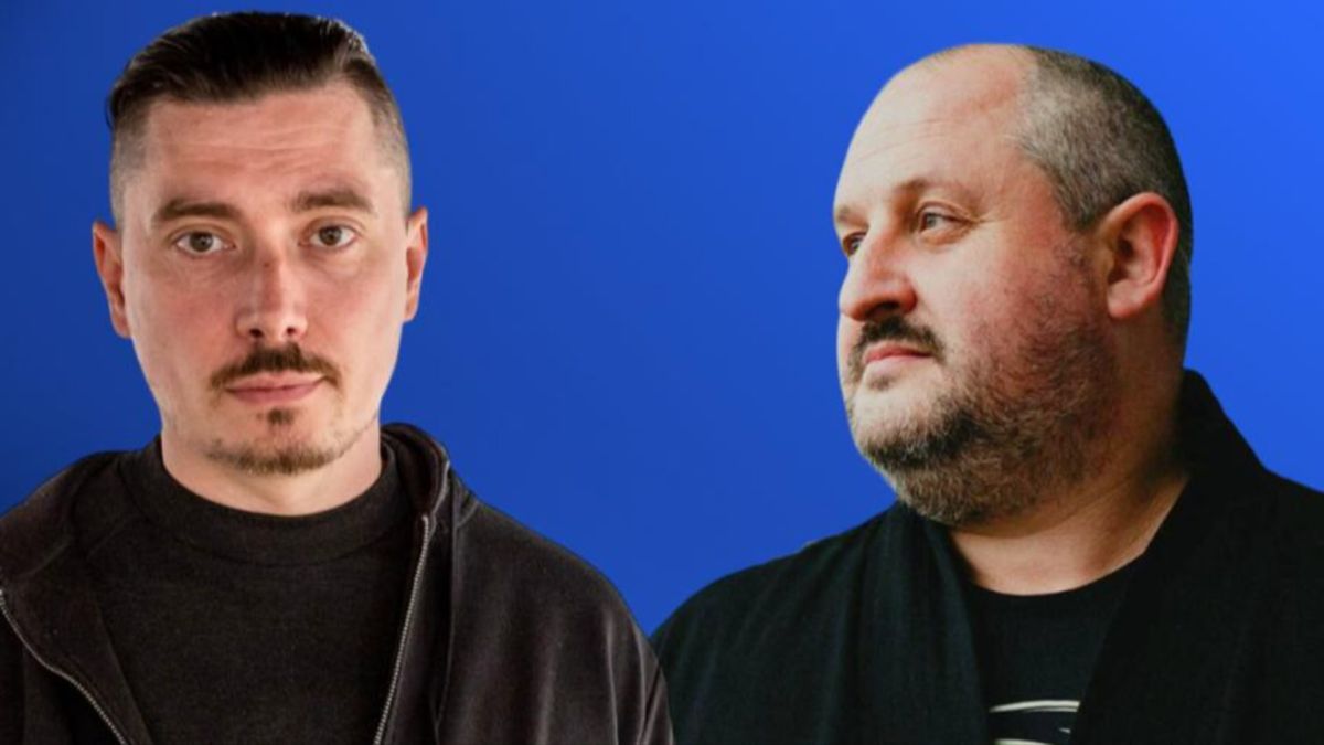 Режисер фільму «Памфір» Дмитро Сухолиткий-Собчук та режисер анімації «Мавка» Олег Маламуж на синьому тлі