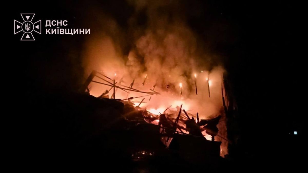 Пожежа у приватному будинку у Бучанському р-ні після удару російського дрона, площа вогню понад 300 кв. м, двох постраждалих госпіталізовано