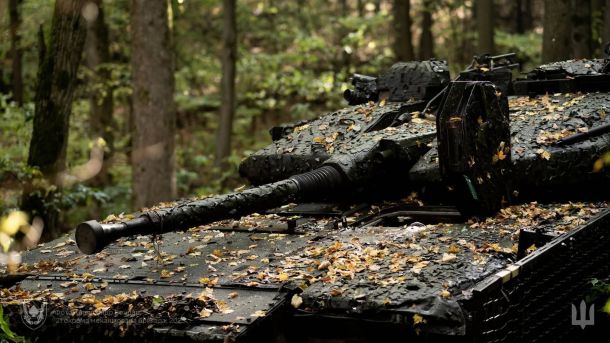 Танк ЗСУ стоїть в осінній лісосмузі весь обліплений осіннім листям