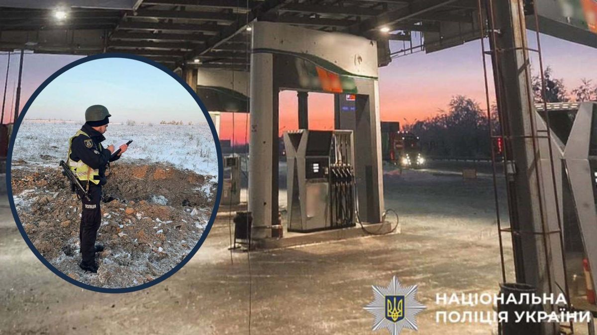 АЗС, де загинув від російського удару чоловік, і поліцейський (фотоколаж)