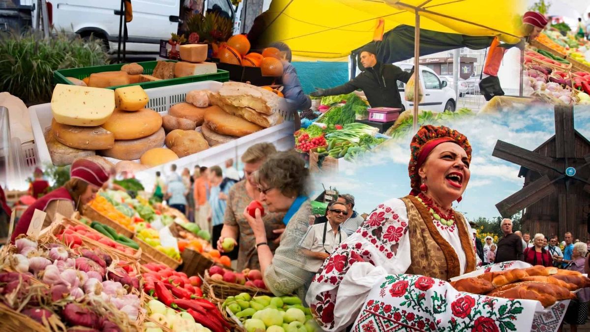 Колаж з продуктових ярмарків Києва: голови сирів у ящиках, прилавки з овочами та часником, жінка у вишиванці з випічкою, відвідувачі обирають яблука та тюльпани
