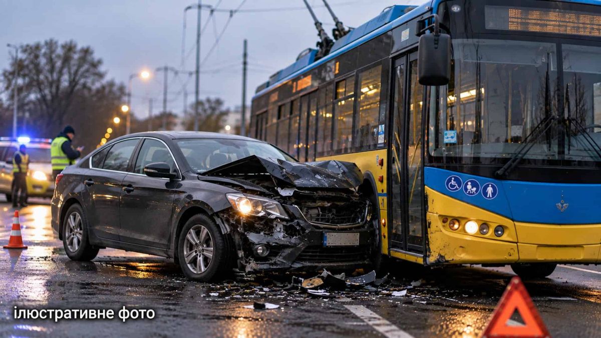 Ілюстративне фото: пошкоджена внаслідок ДТП автівка стоїть впритул до тролейбуса з відчиненими дверима
