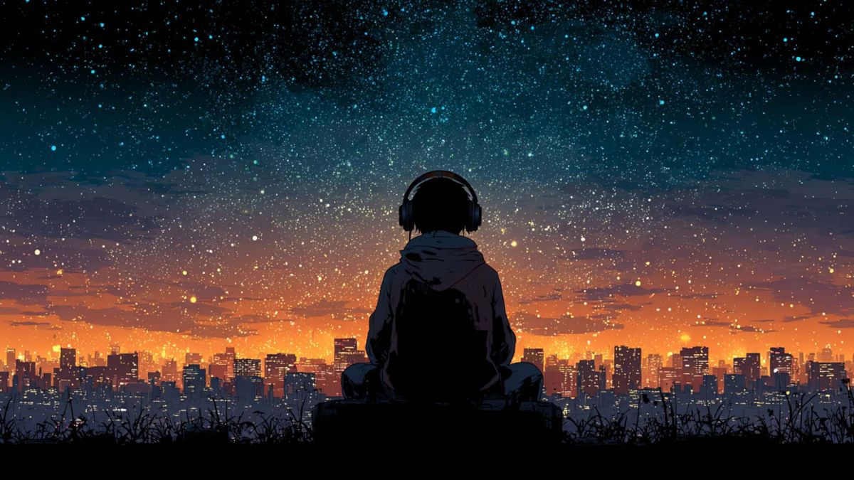Людина дивиться на небо над містом ввечері