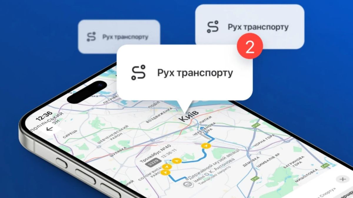 Інтерфейс застосунку Київ Цифровий із відображенням руху громадського транспорту на інтерактивній мапі міста