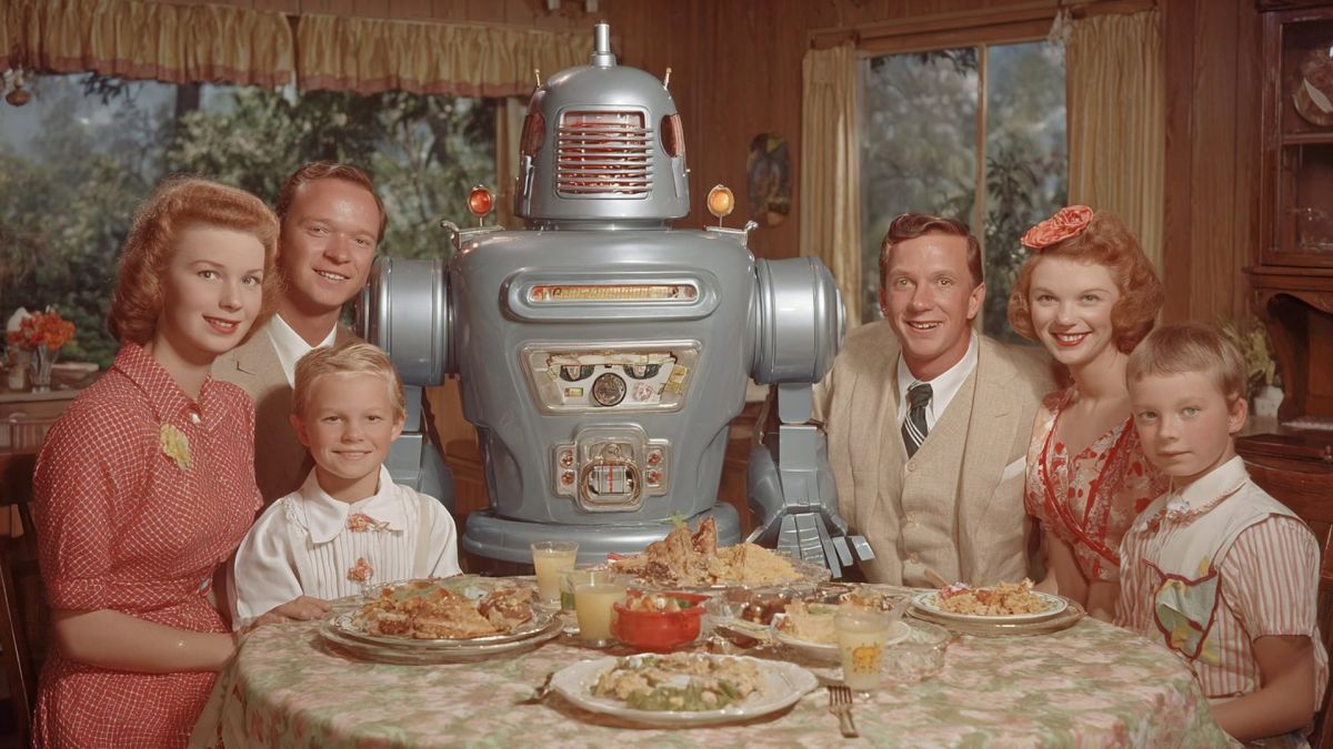 Родина 1960-х за обіднім столом разом із роботом — ілюстрація штучного інтелекту в побуті