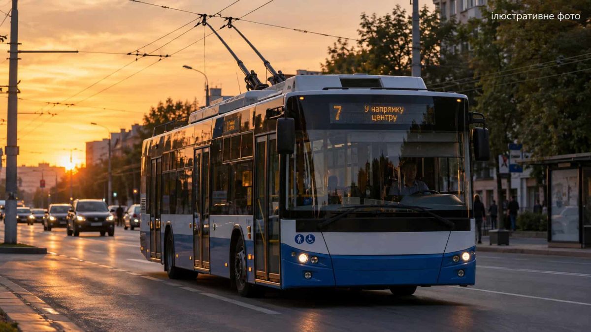 Тролейбуси №16 і №35 затримуються на вул. Іллєнка через дорожні роботи Ілюстративне фото: тролейбус їде міською вулицею на тлі яскравого заходу сонця, перехожі поруч