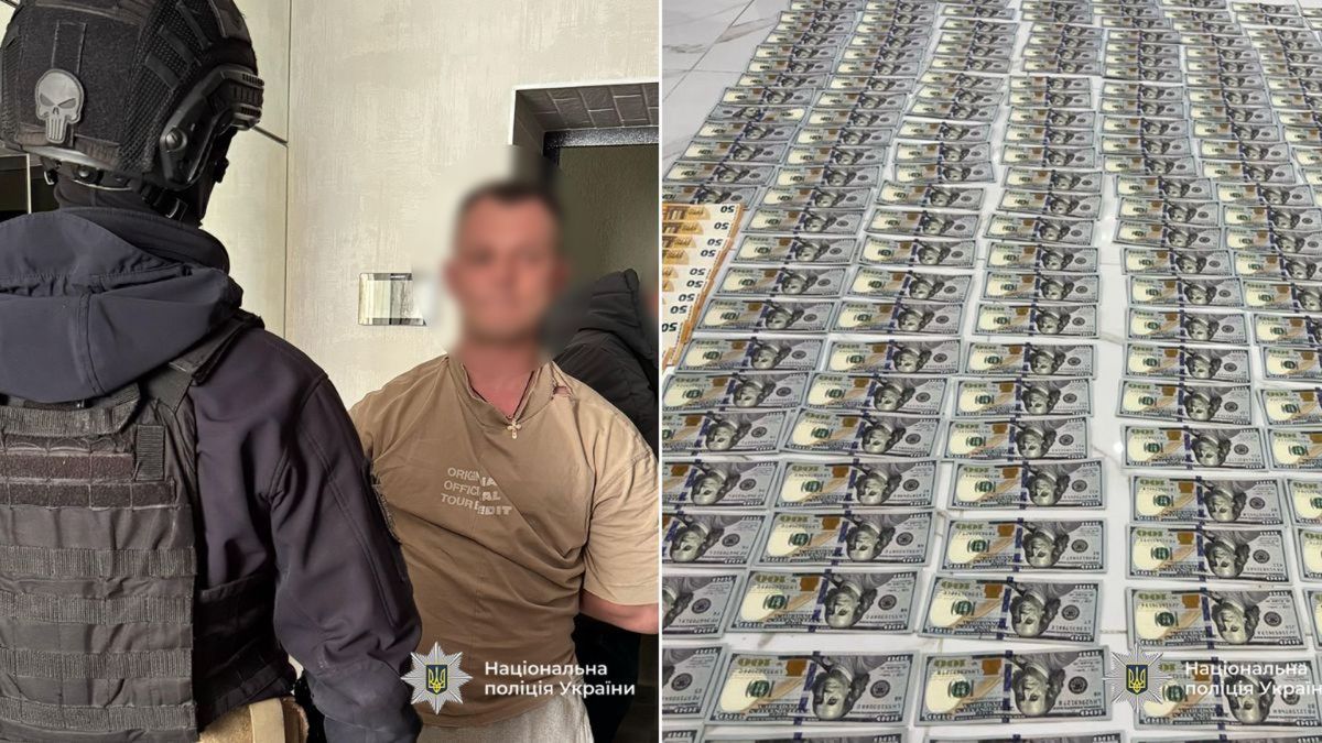 Поліція затримує чоловіка, поруч вилучені великі суми готівки у доларах США.