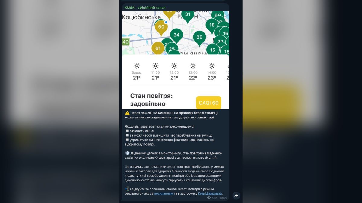 КМДА: у Києві можливе задимлення через пожежі на Київщині Скриншот повідомлення КМДА про можливе задимлення у Києві через пожежі на Київщині та стан повітря CAQI 60