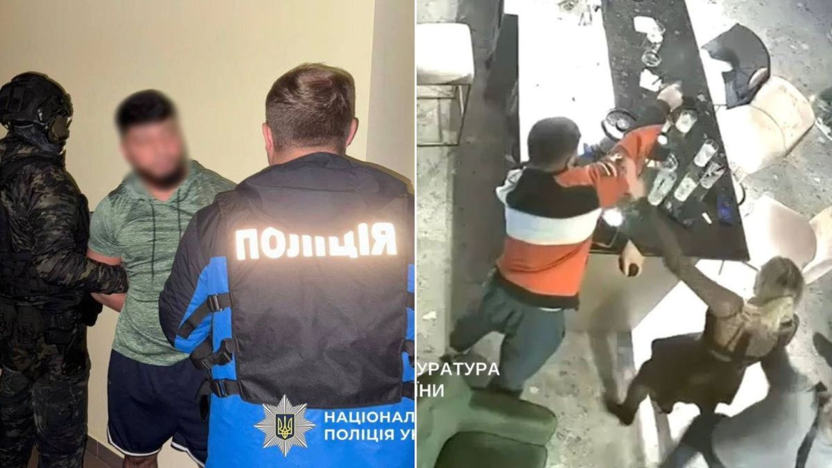 Ліворуч поліцейські затримують чоловіка у спортивному одязі, праворуч — кадр із відеоспостереження