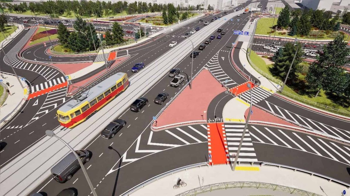 3D-візуалізація транспортної розв'язки з трамваєм і автомобілями біля метро Чернігівська у Києві — проект ремонту шляхопроводу