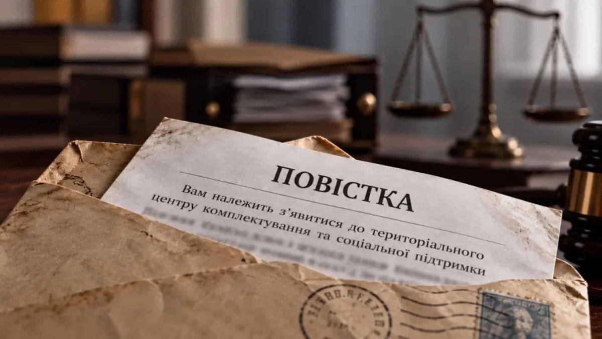 ТЦК надсилав повістки на окуповану Херсонщину: суд у Фастові скасував штраф Повістка до територіального центру комплектування в конверті на столі, позаду терези правосуддя та суддівський молоток