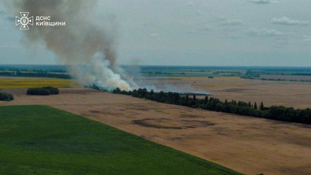 Дрони атакували Київщину: п'ятеро постраждалих, троє — діти (оновлюється) Рятувальники ДСНС гасять пожежу на пшеничному полі біля села Гоголів на Броварщині, вигорів 1 гектар