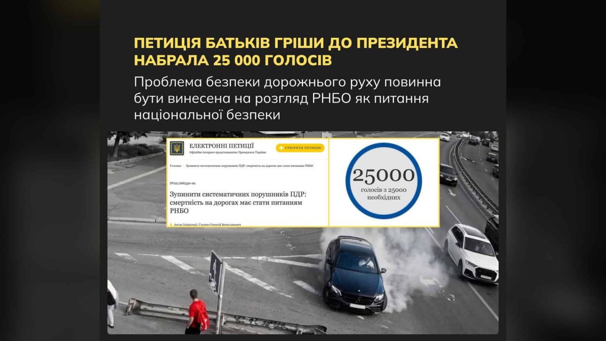 Скріншот електронної петиції до президента України про безпеку дорожнього руху, яка набрала 25000 голосів з необхідних 25000