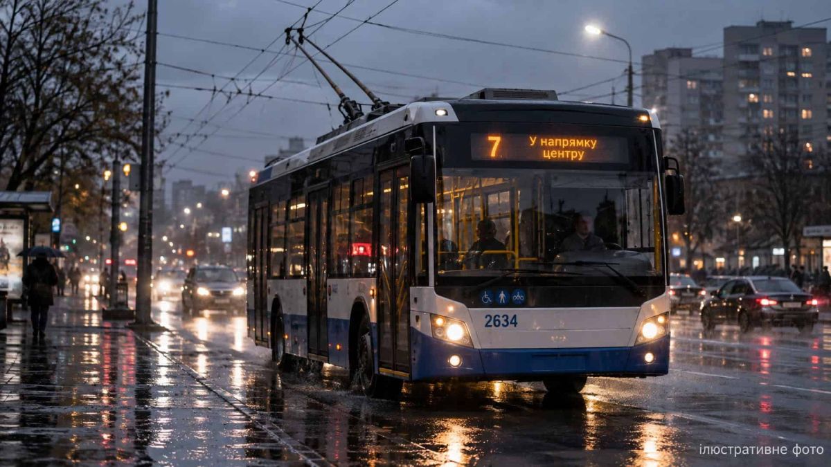 Тролейбуси №3, 9-К, 40 і 40-К відновили рух у Києві з відхиленням від графіка Ілюстративне фото: тролейбус їде мокрою вулицею у вечірніх сутінках під дощем, світять фари