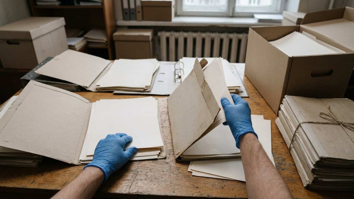 АМКУ оштрафував КМДА на 313 млн грн за розподіл ринку сміття в Київі Руки в захисних рукавичках перебирають документи в архівних теках