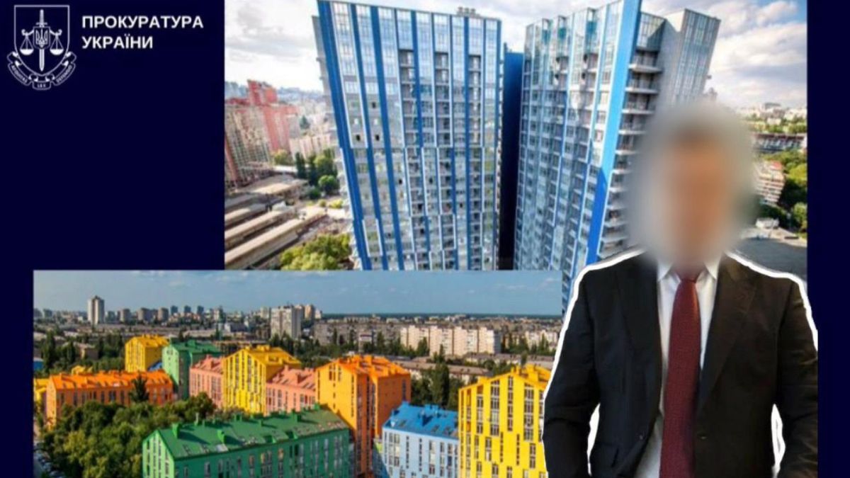 Багатоповерхові будинки і на фоні них чоловік в піджаку із розмиленим обличчям