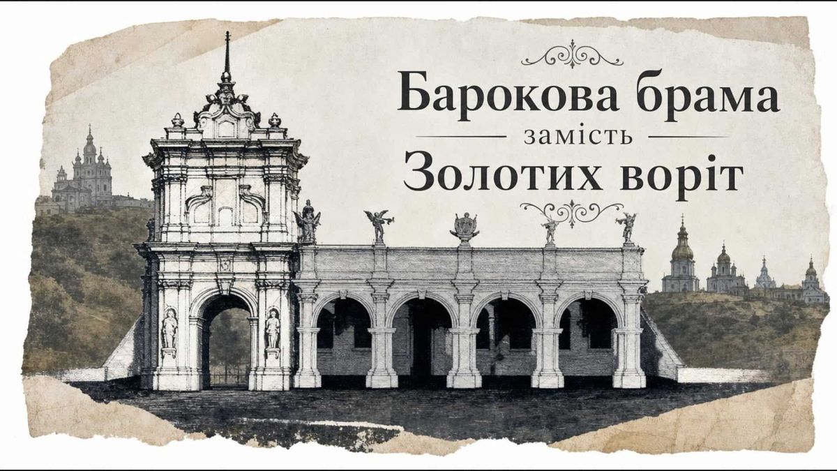 Художня реконструкція барокової брами XVIII століття на місці засипаних Золотих воріт у Києві — споруда архітектора Д. Дебоскета 1750-х років