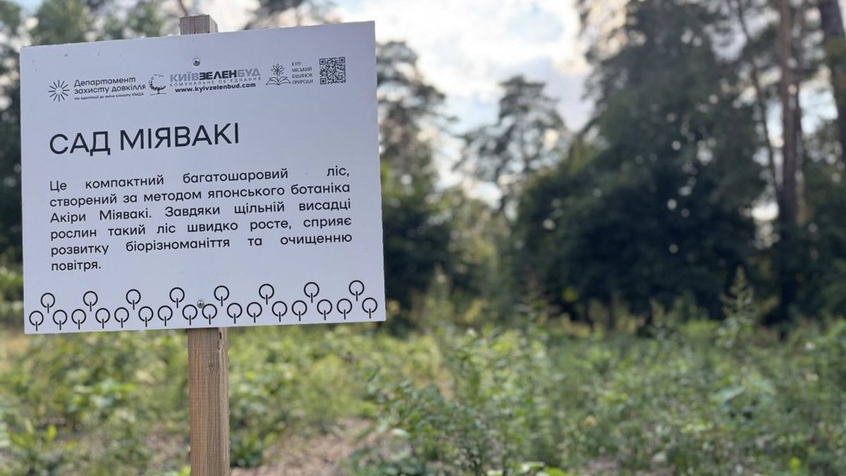 У київському парку висадили «сад Міявакі» за японською методикою Табличка з написом «Сад Міявакі» на тлі молодих насаджень і дерев у парку