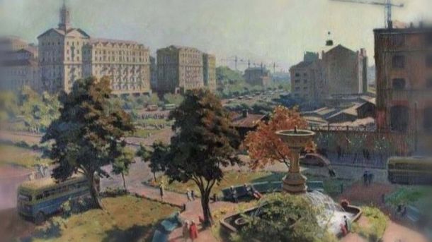 Картина Олександра Хвостенка-Хвостова «Відбудова Хрещатика» (1954) — ілюстрація до кінопоказу «Архітектурні надмірності» про роль архітекторів у відновленні головної вулиці Києва