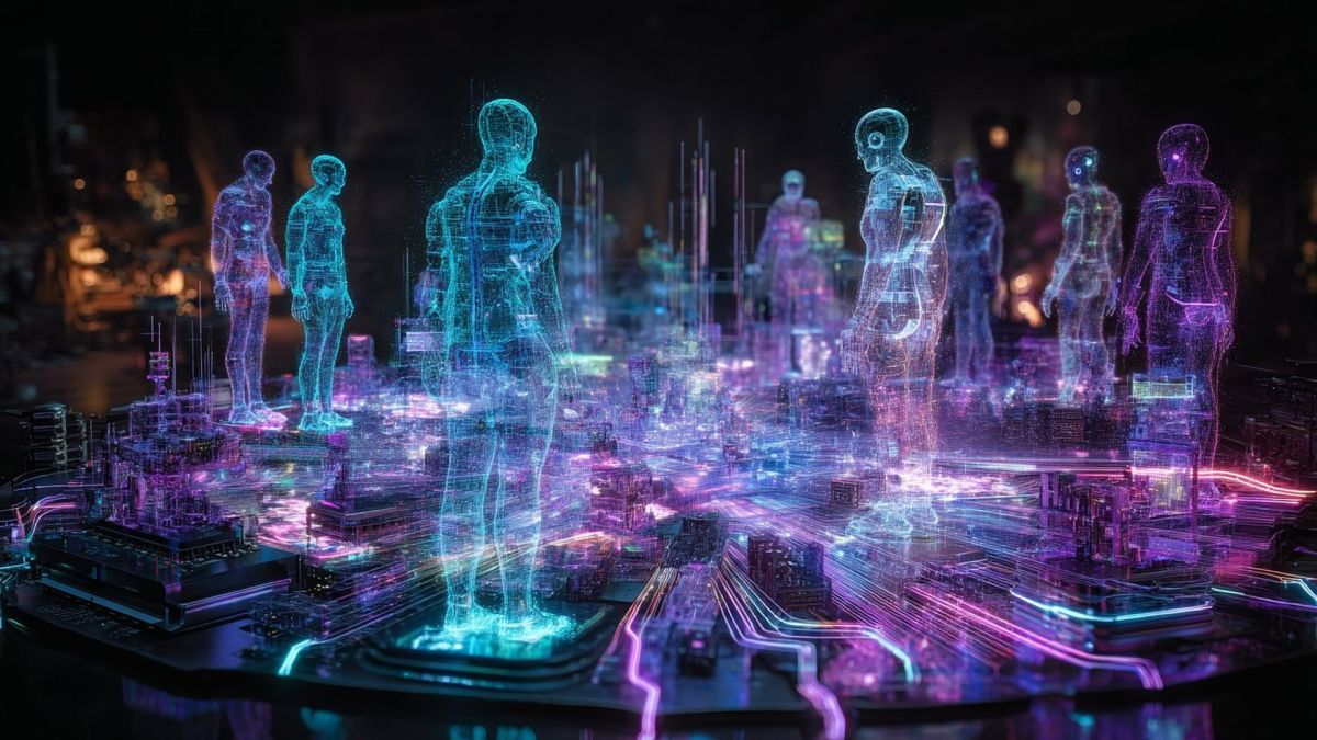 Голографічні силуети людей над мікросхемою — ілюстрація концепції колективного штучного інтелекту як соціальної системи