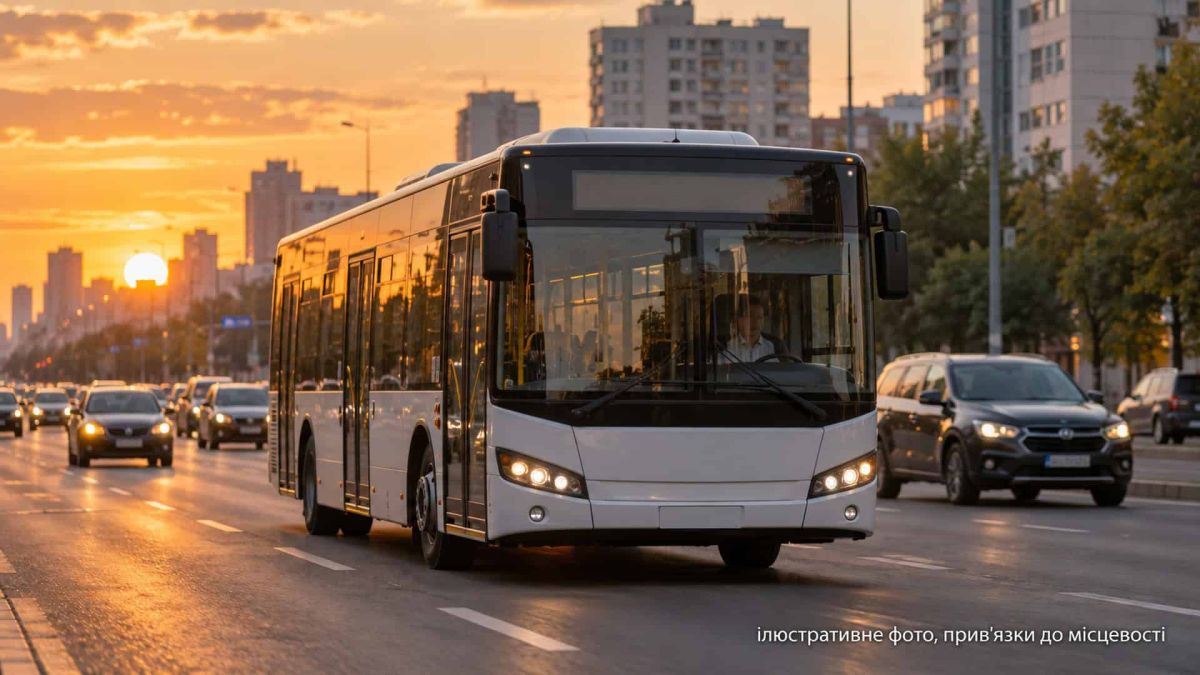 Рух автобусів №70 на просп. Алішера відновили після ДТП Ілюстративне фото: автобус їде міською вулицею на тлі яскравого заходу сонця серед автомобілів
