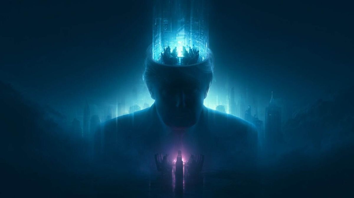 Як США за 24 години змусили вимкнути ШІ Anthropic Силует Дональда Трампа з нахиленою головою на тлі неонового нічного міста; з відкритої верхівки голови струменіє синє цифрове сяйво з фігурами за столом, унизу біля грудей — рожеве світло — символічна ілюстрація