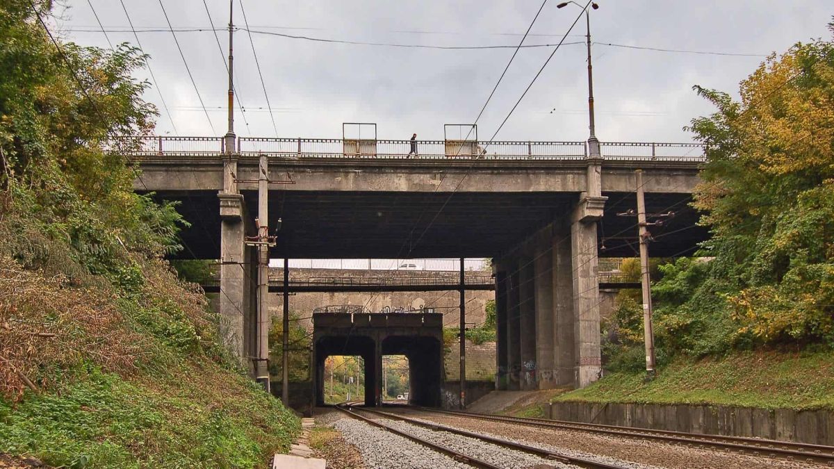 Залізничні колії під старим бетонним мостом, оточені зеленню та деревами