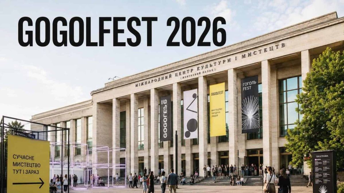 Вісім масштабних фестивалів Києва у вересні 2026 Фасад Міжнародного центру культури і мистецтв (Жовтневий палац) з банерами GOGOLFEST 2026 і відвідувачами на площі перед входом