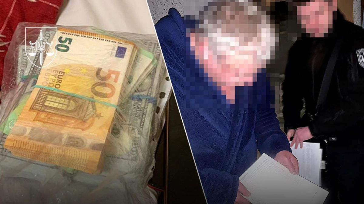 Вилучені гроші та правоохоронець із підозрюваним (фотоколаж)