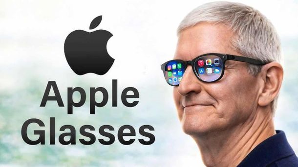 Ілюстрація концепту розумних окулярів Apple Glasses: чоловік в окулярах з іконками застосунків на лінзах