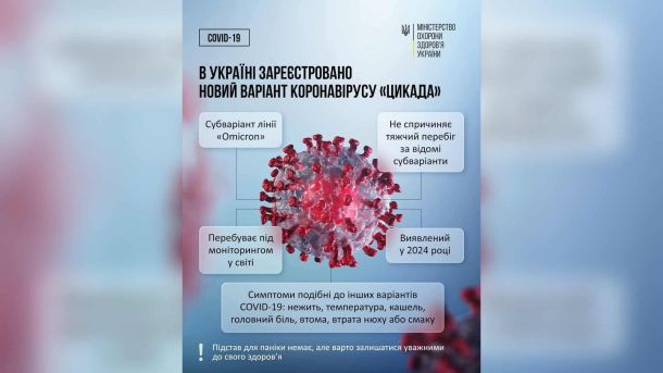 Інфографіка МОЗ України про субваріант COVID-19 «Цикада»: субваріант лінії Омікрон, не спричиняє тяжчий перебіг, симптоми — нежить, температура, кашель